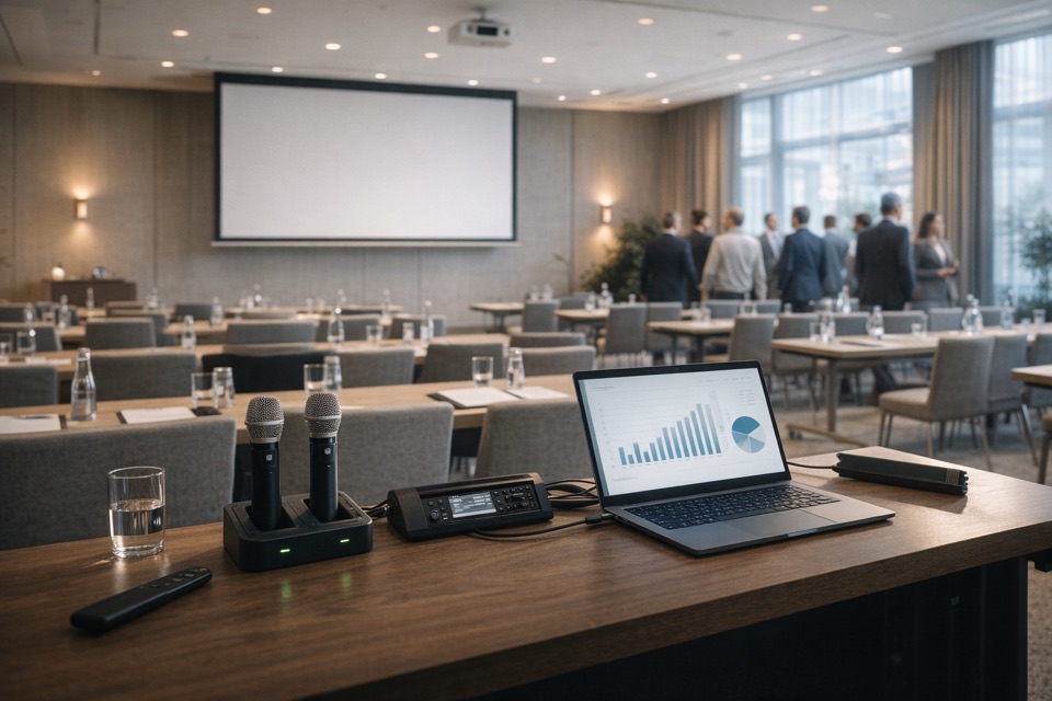 Konferenztechnik mit Mikrofon und Präsentationstechnik
